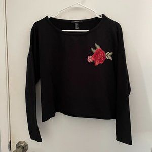 Forever21 Black Cropped Sweater with Rose Embroidery